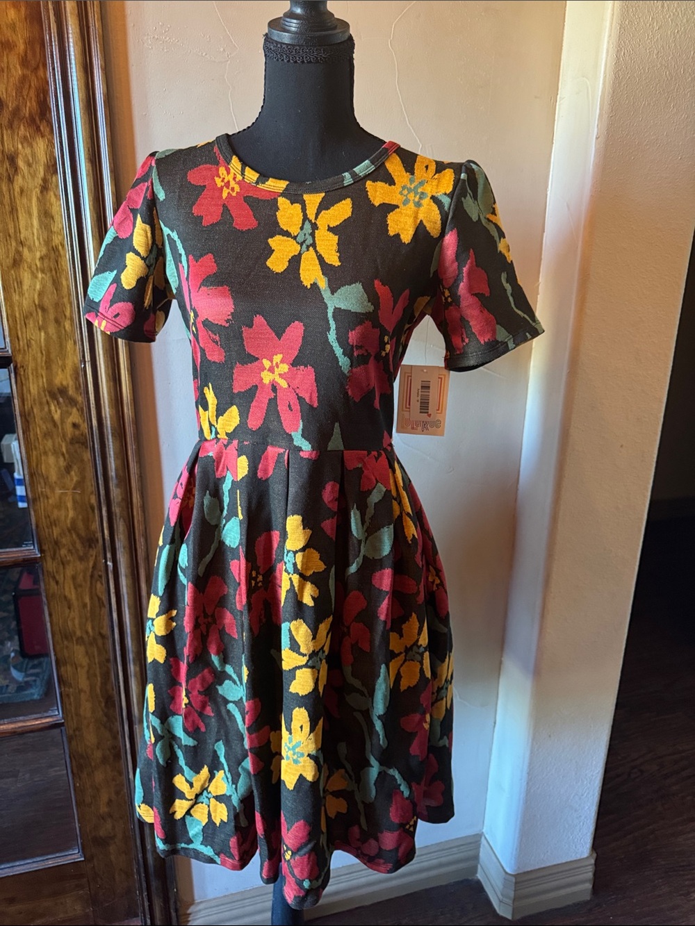 LuLaRoe Black Fit-and-Flare Dress with Yellow, Red & Green Floral Print